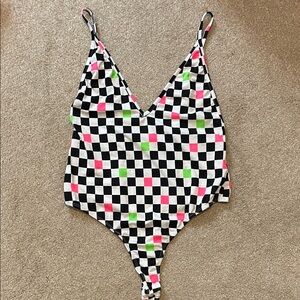 Checkered Bodysuit with Pink and Green Accents